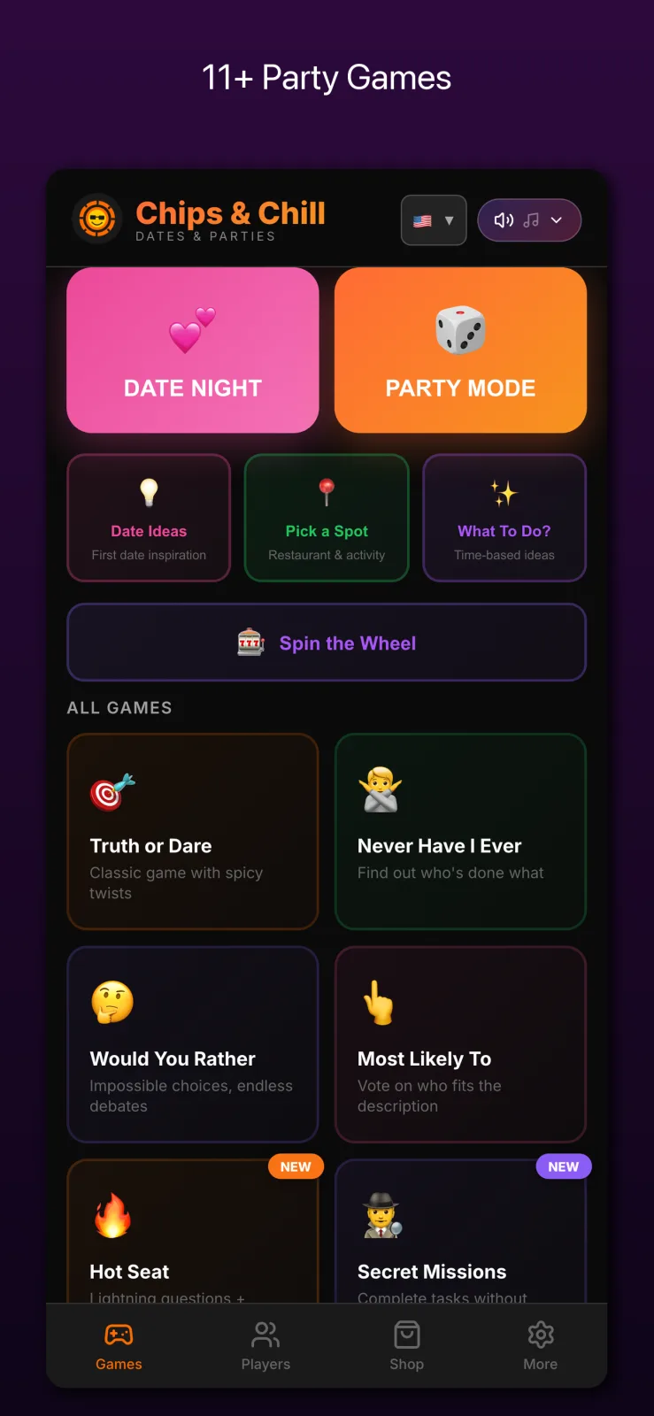 Chips & Chill home screen with game modes