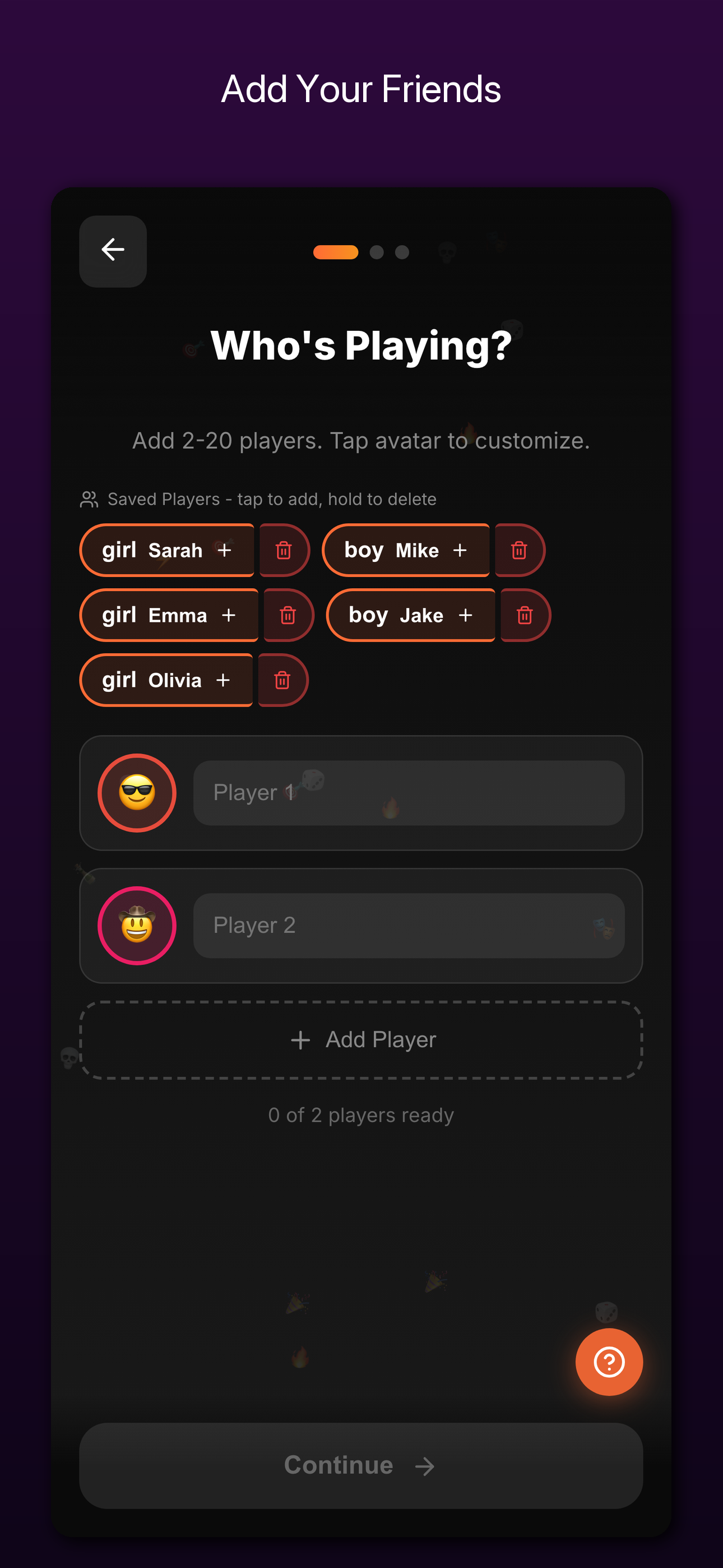 Party setup screen in Chips & Chill